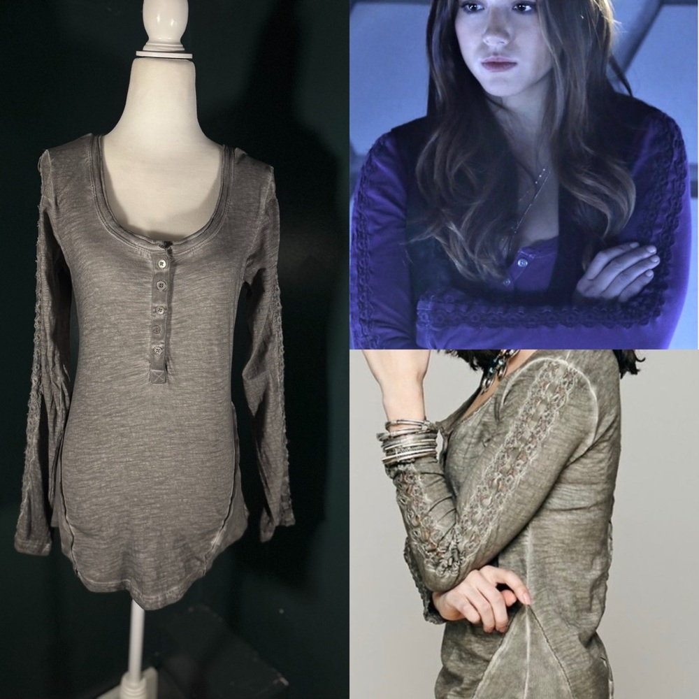 Free People • Shell Stitch Lace Crochet Henley Gray M